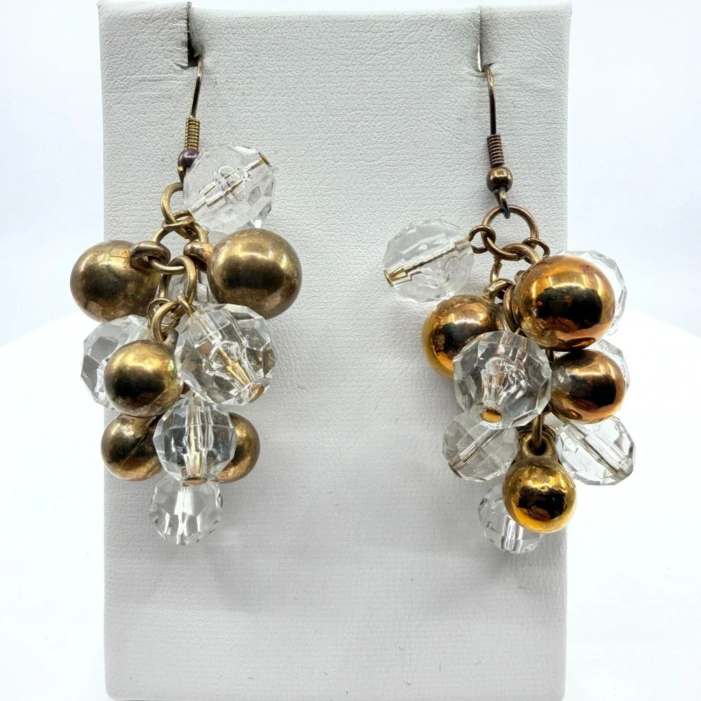 VTG Y2K Chunky Cluster Dangle Earrings Gold Tone Clear Faceted Bead Grape Charm